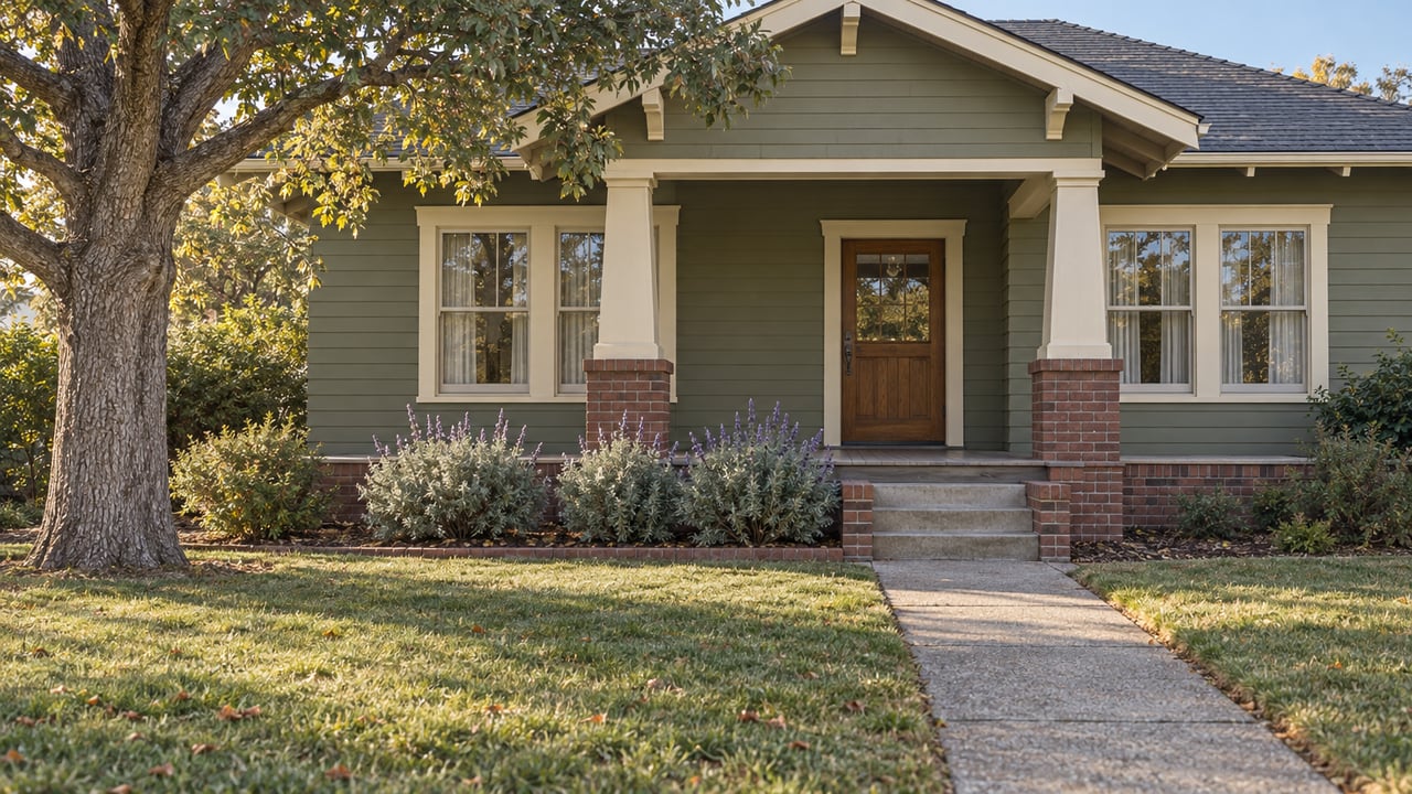 Olive wood-sided bungalow with a brick-based porch, deep front lawn, concrete approach and a mature coast live oak.