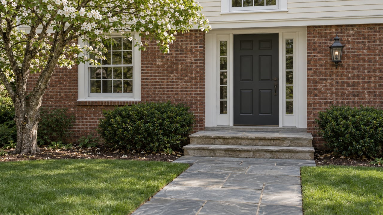 Recessed charcoal six-panel door with glazed sidelights above worn limestone steps and a bluestone walk.