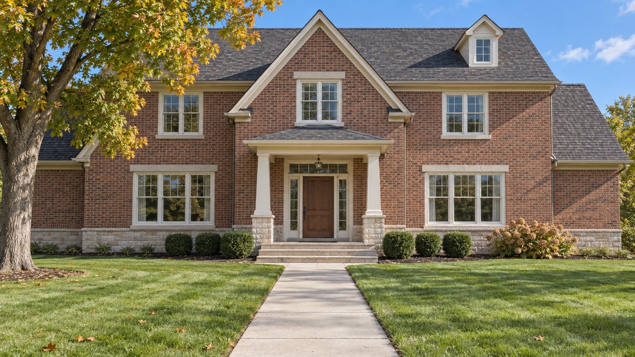 Two-story red brick house with a covered entry, front lawn, and autumn leaves.