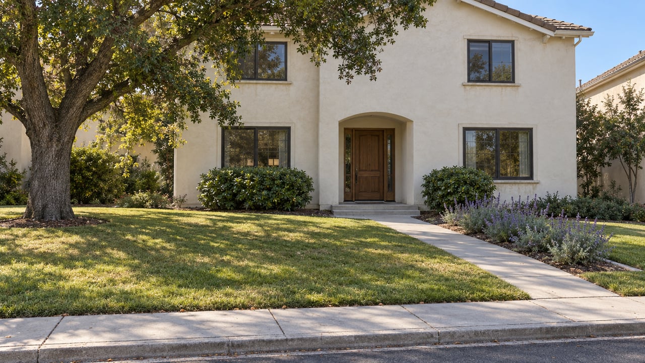 Cream stucco two-story house beyond a broad lawn, with a diagonal concrete walk and mature oak at left.