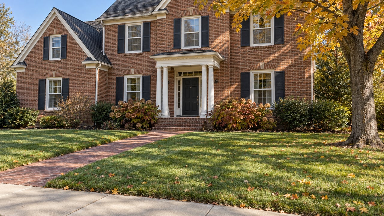 Brick home with white porch trim, a deep front lawn and a mature maple turning orange beside the entry.