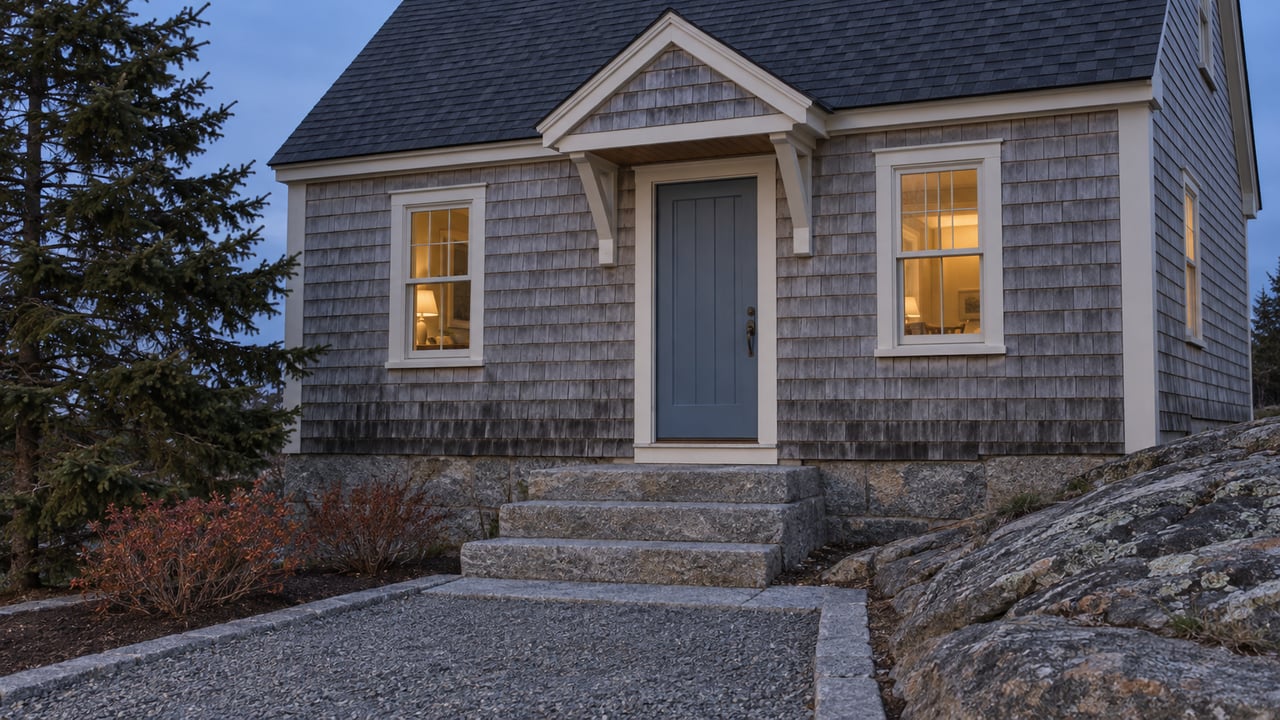 Weathered cedar-shingle home at blue hour, with a blue door, warm windows and granite entry steps beside exposed rock.