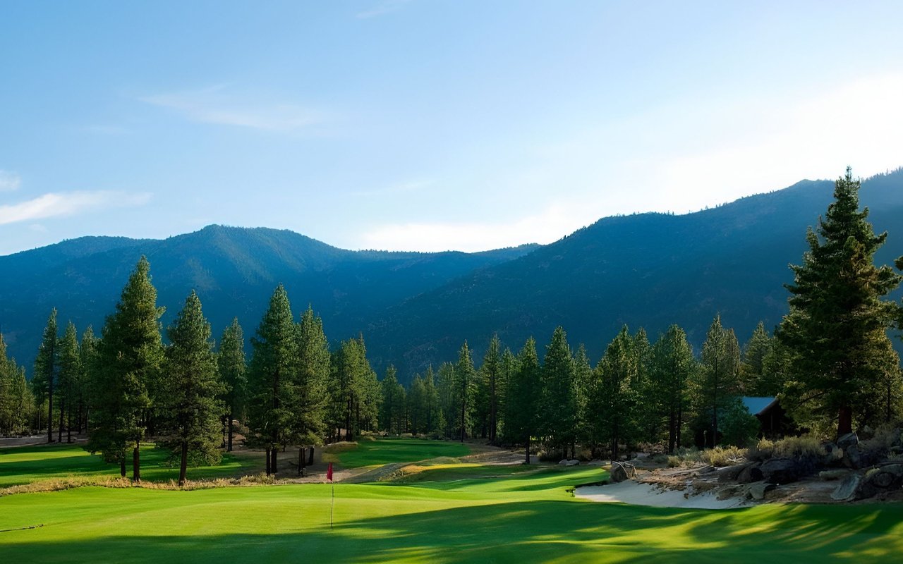 Clear Creek Tahoe golf course with pine trees and forested mountains.