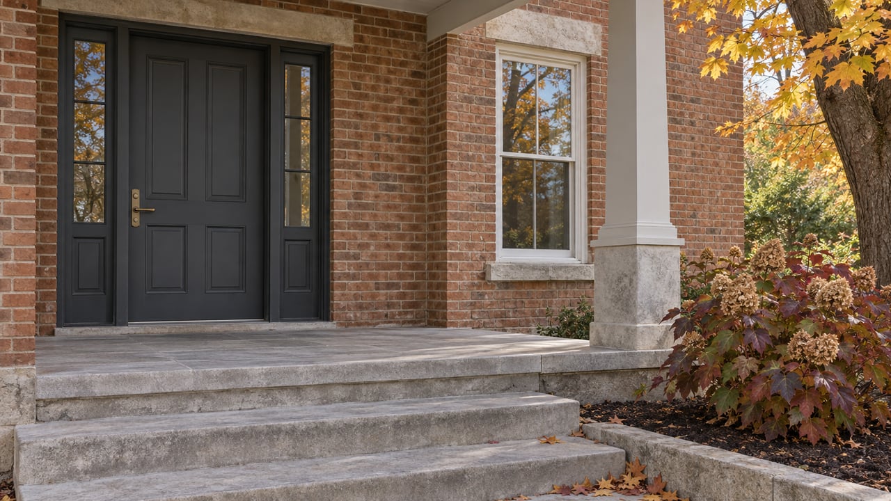 Autumn daylight on a warm brick home’s charcoal front door, paired sidelights and limestone porch steps beside a sugar maple and oakleaf hydrangeas.