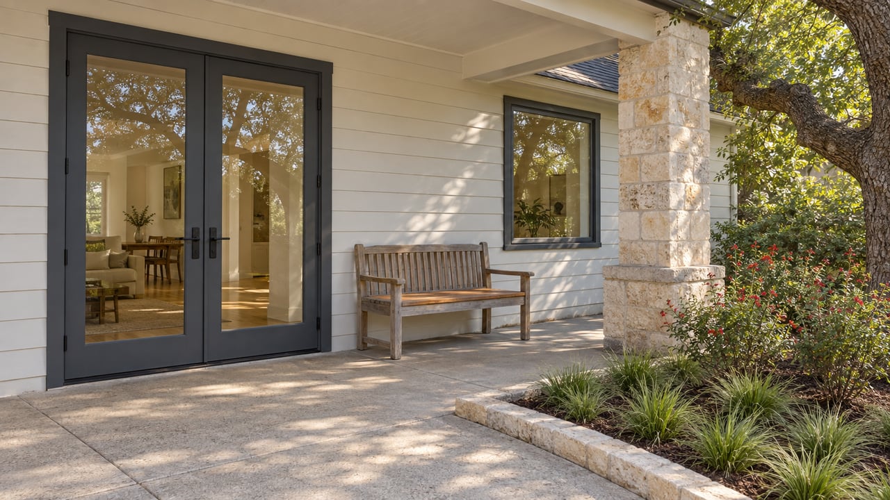 Covered residential terrace with glazed double doors, pale limestone pier, weathered cedar bench, and a small planted garden.