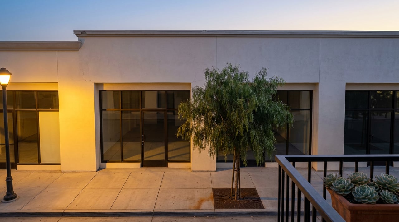 Two-story stucco building with dark storefront windows, a street tree, and a small balcony beneath a blue dusk sky.