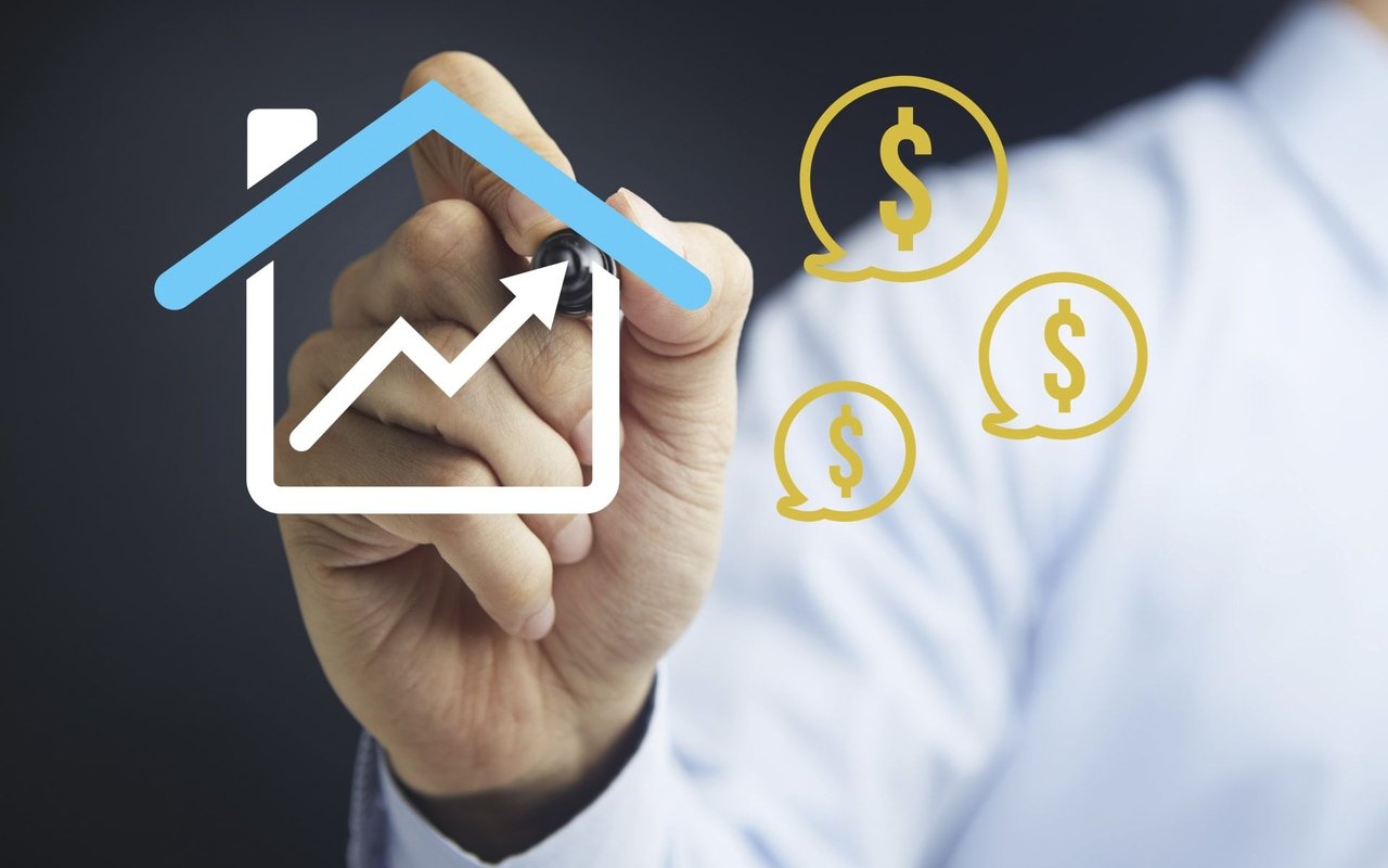Home value graphic with an upward arrow and dollar-sign bubbles