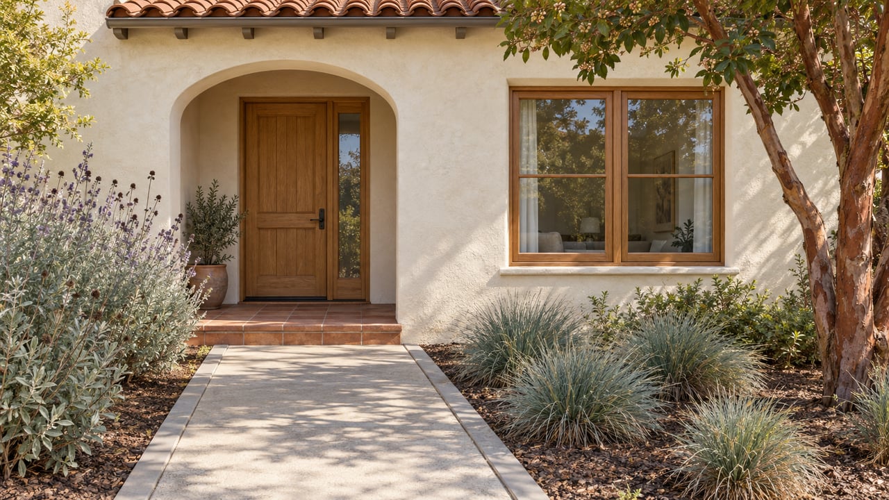 Sunlit stucco home with a recessed arched entry, oak door, terracotta roof and drought-tolerant front garden.
