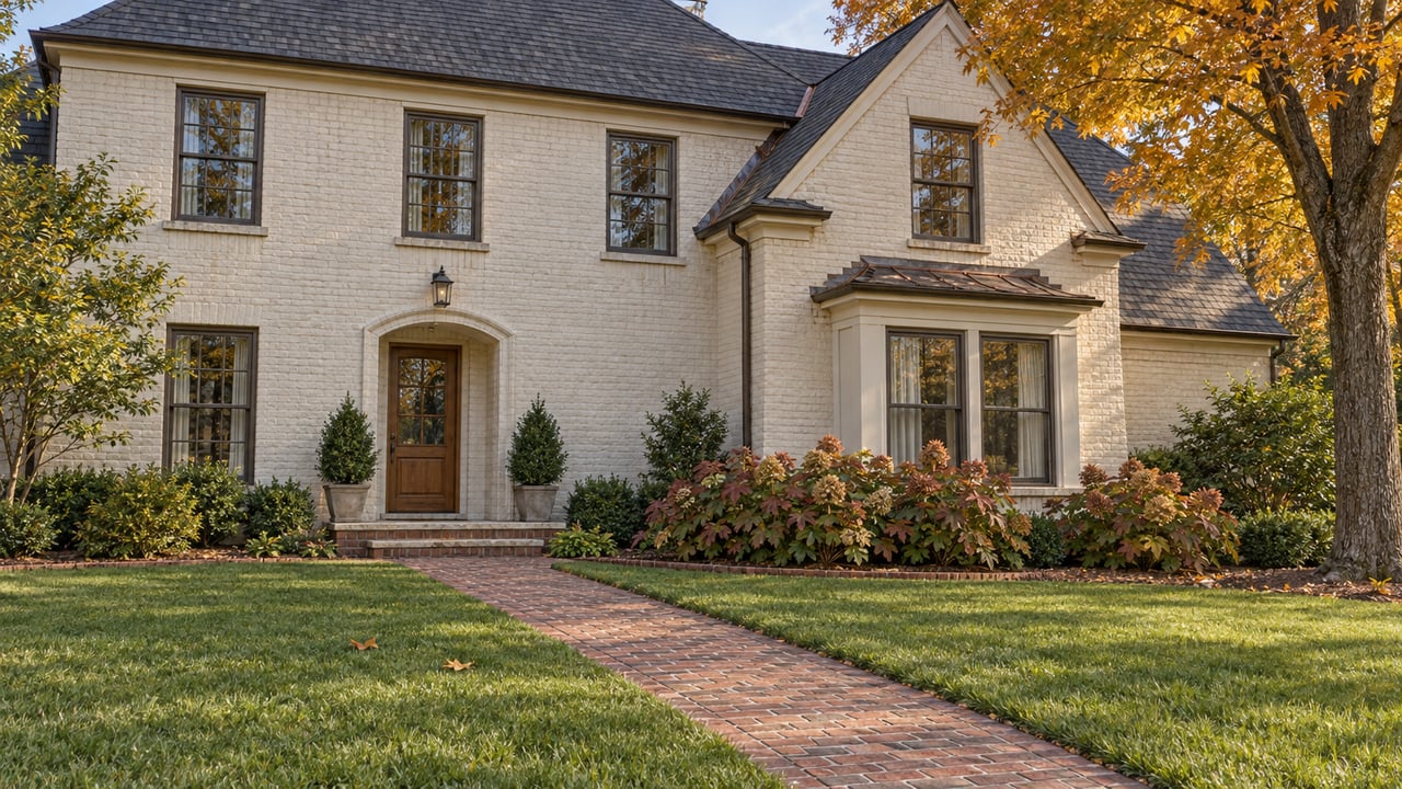 Ivory painted-brick home with dark roof, oak entry, weathered brick walk and a deep autumn lawn.