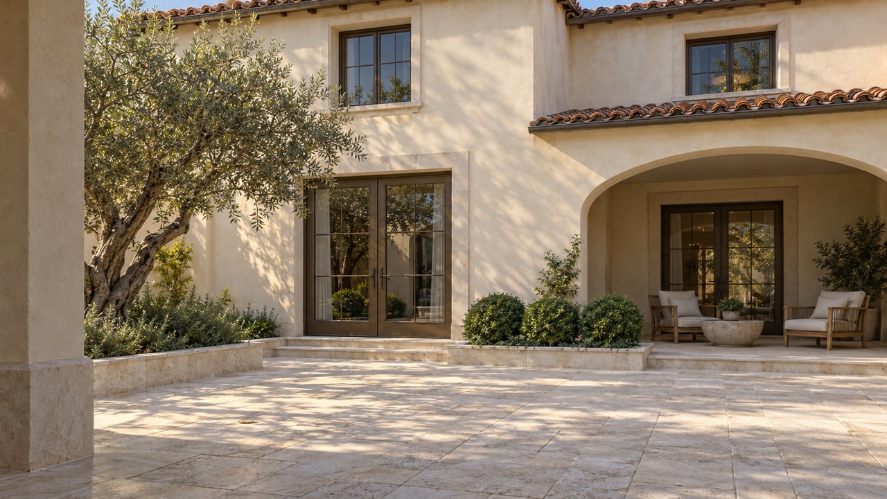 Warm stucco courtyard with clay-tile eaves, limestone paving, an olive tree, and a sheltered sitting bay.