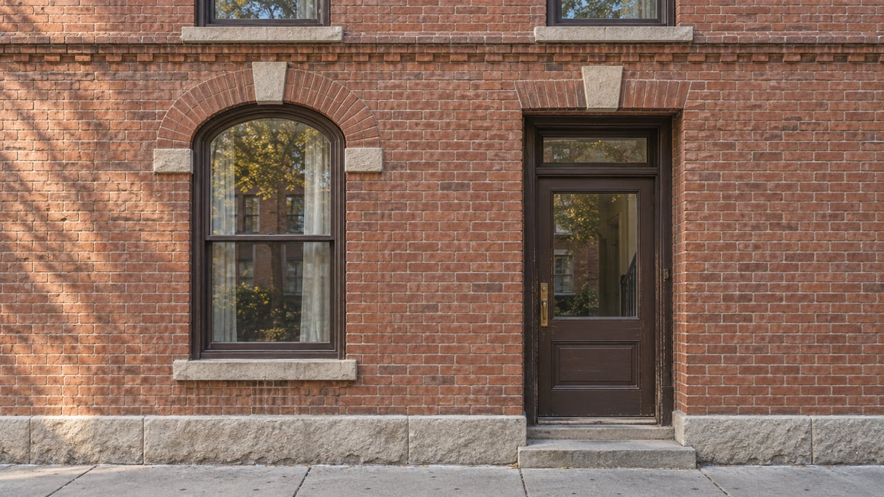 Brick residential facade with a recessed glazed wood door, arched window, and worn stone step.
