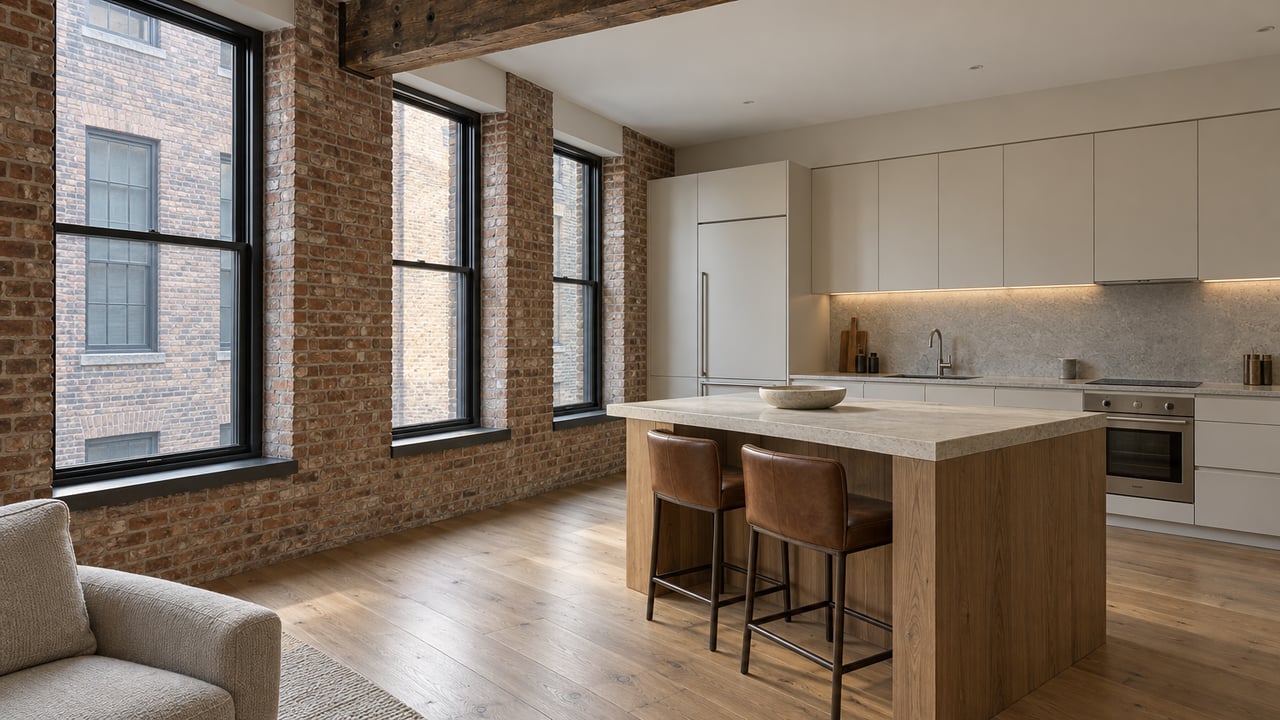 Sunlit loft condominium with exposed brick, tall steel windows, oak floors and a pale stone kitchen island.