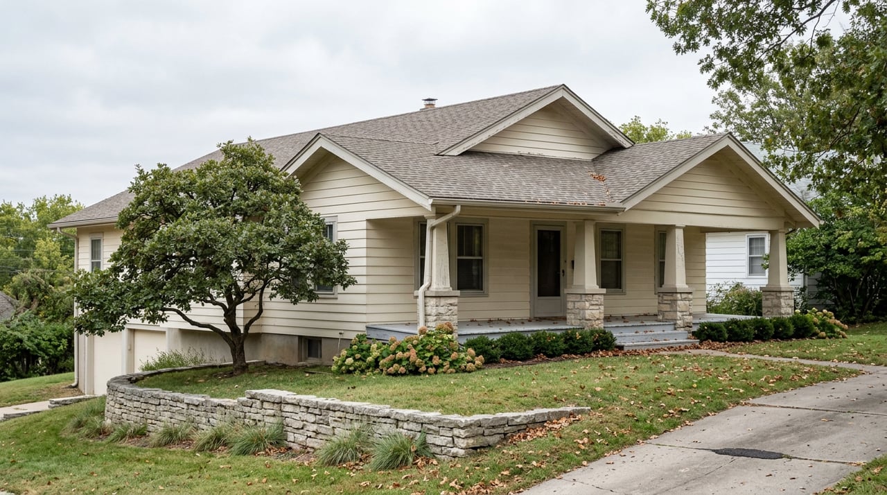 Cream-sided house with a covered porch and walkout basement above a sloped lawn and limestone retaining wall.