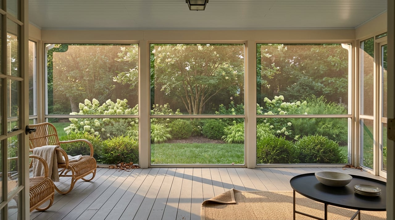 Screened porch with rattan chairs, a seagrass rug, and late-summer hydrangeas beyond the screen.