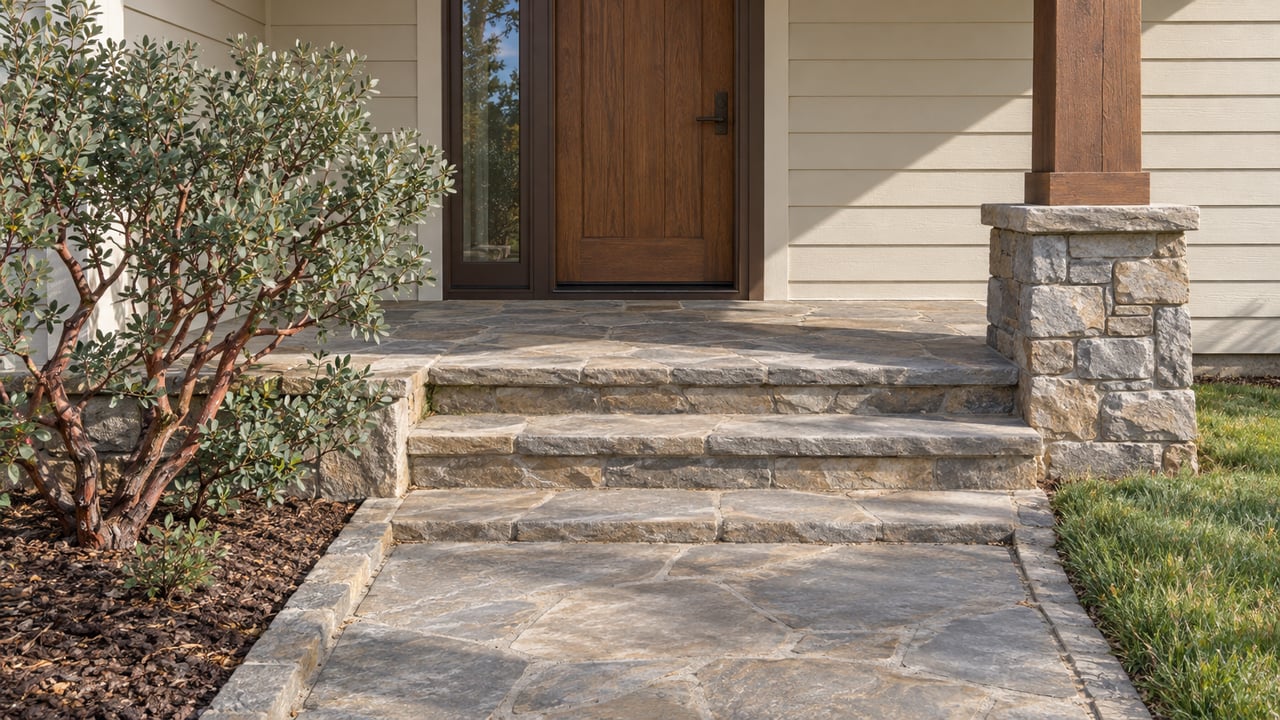 Cream-sided home entry with an oak door, warm gray stone steps, a timber porch post and sculptural manzanita beside the walk.