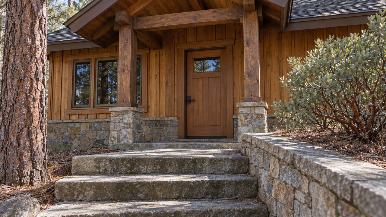 Weathered cedar cabin entry with a projecting timber gable, worn stone steps, a ponderosa pine trunk and a silverleaf manzanita.