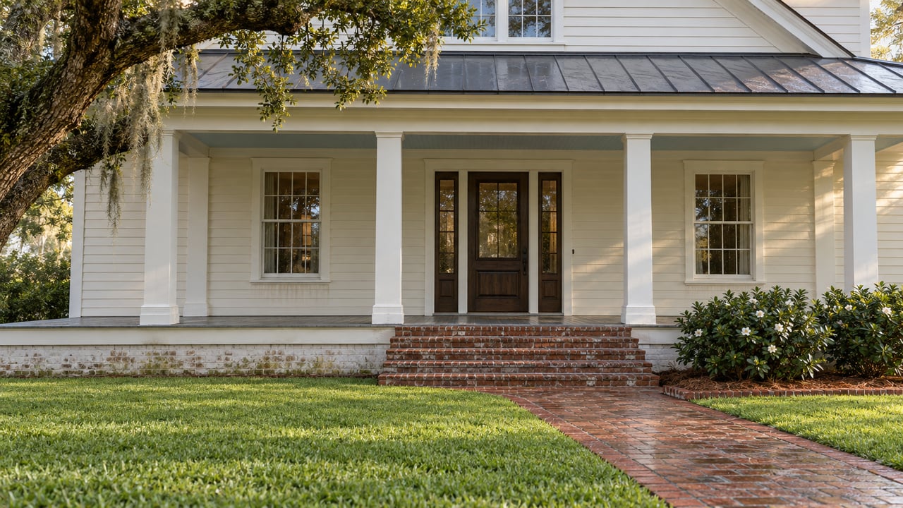 Ivory clapboard home with a covered veranda, brick steps and a deep green lawn beneath a mature oak branch.