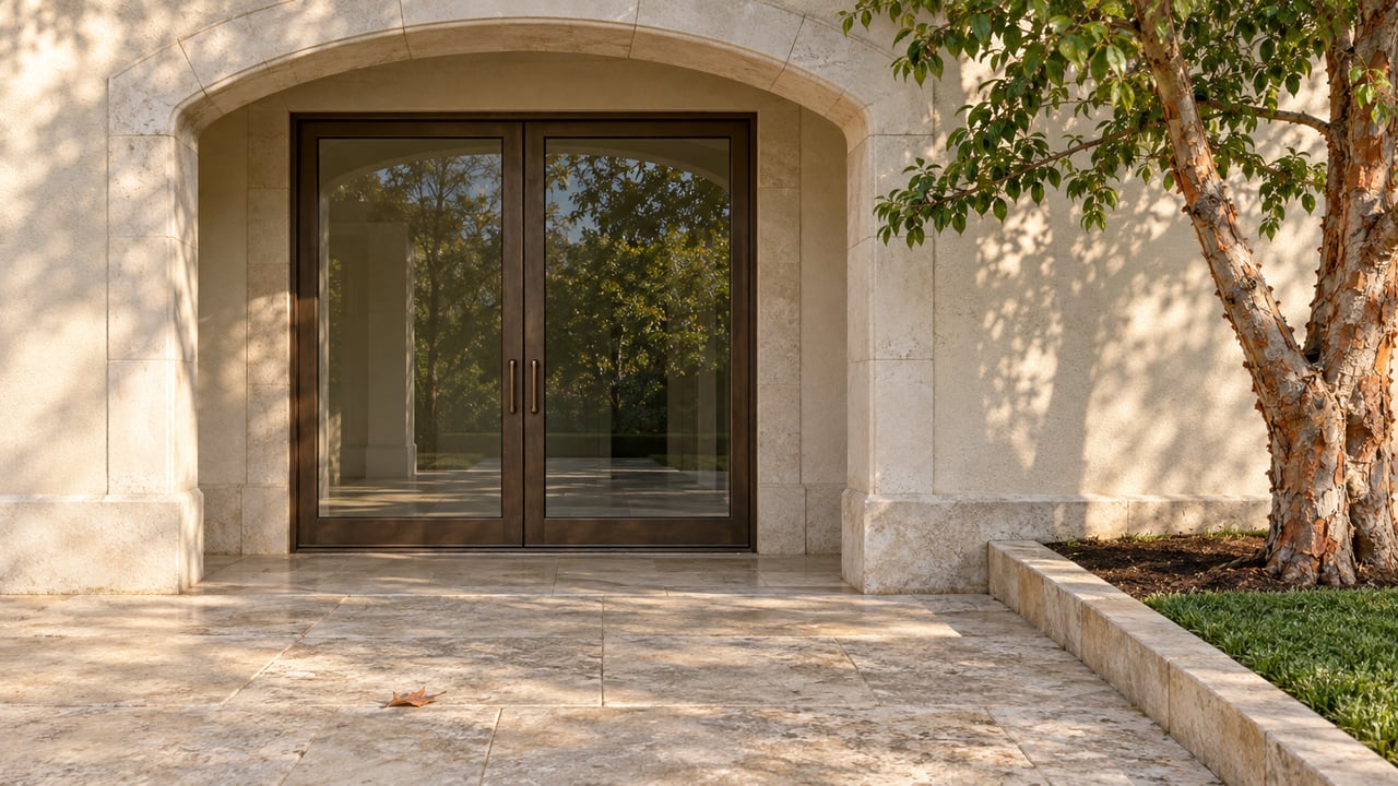 Paired bronze-framed glass doors beneath a pale stone arch, opening onto a limestone terrace beside a copper-barked tree.