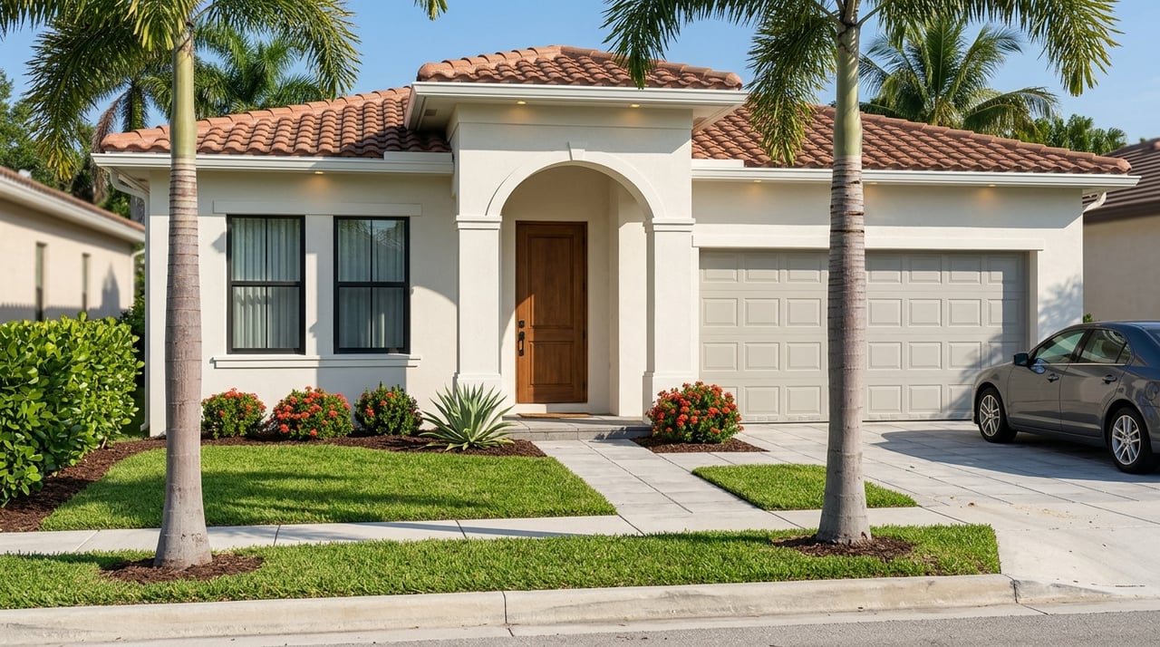 Mediterranean-style home exterior with an arched entry, clay-tile roof, and paved walkway.