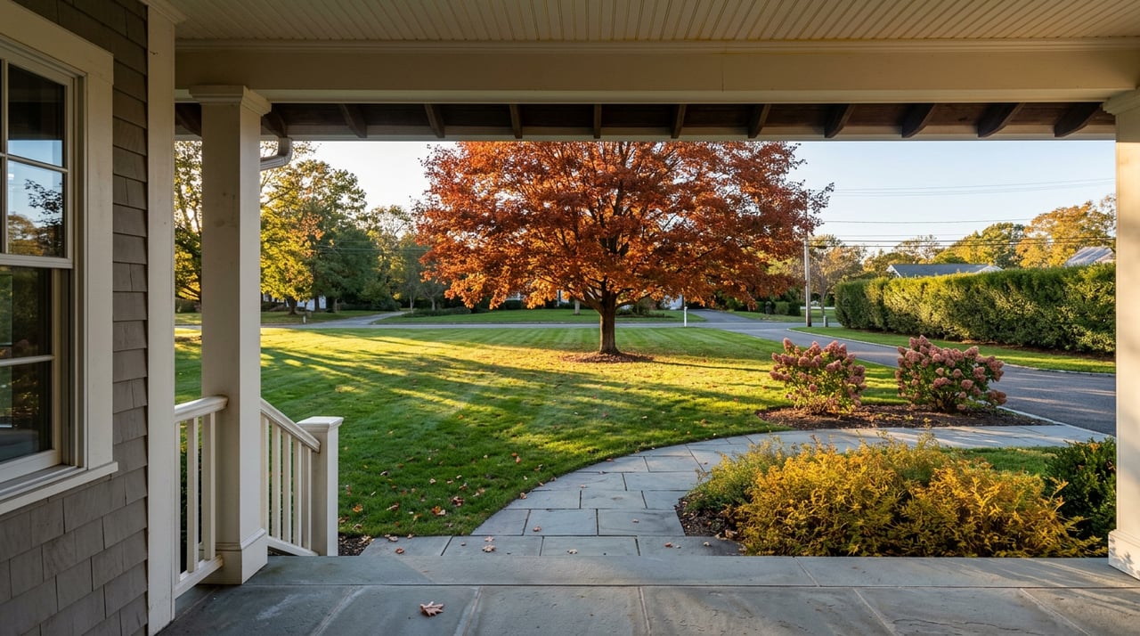 A white-trimmed porch overlooks a bluestone walk, lawn, and orange-red maple beneath a beadboard ceiling.