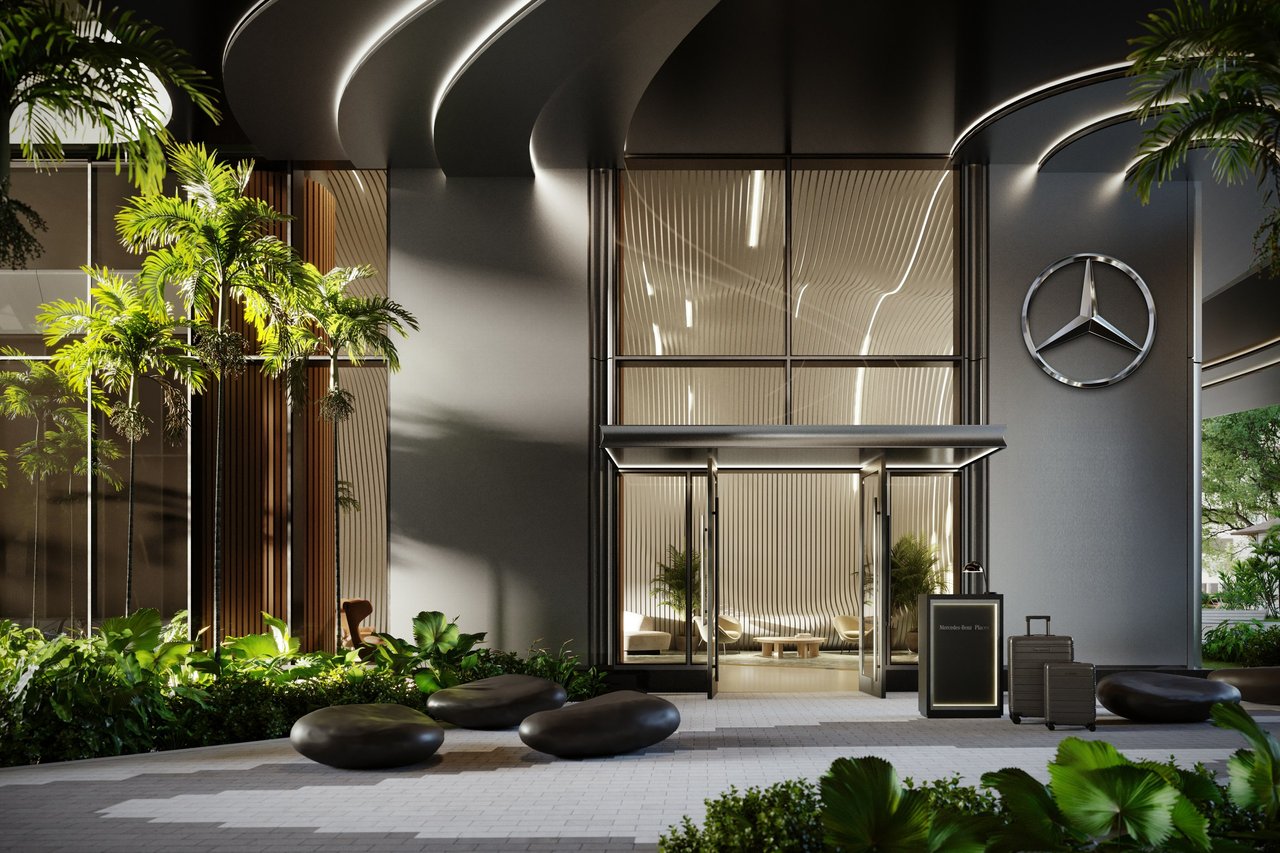 Rendering of lobby entrance at Mercedes-Benz Places in Brickell, Miami.