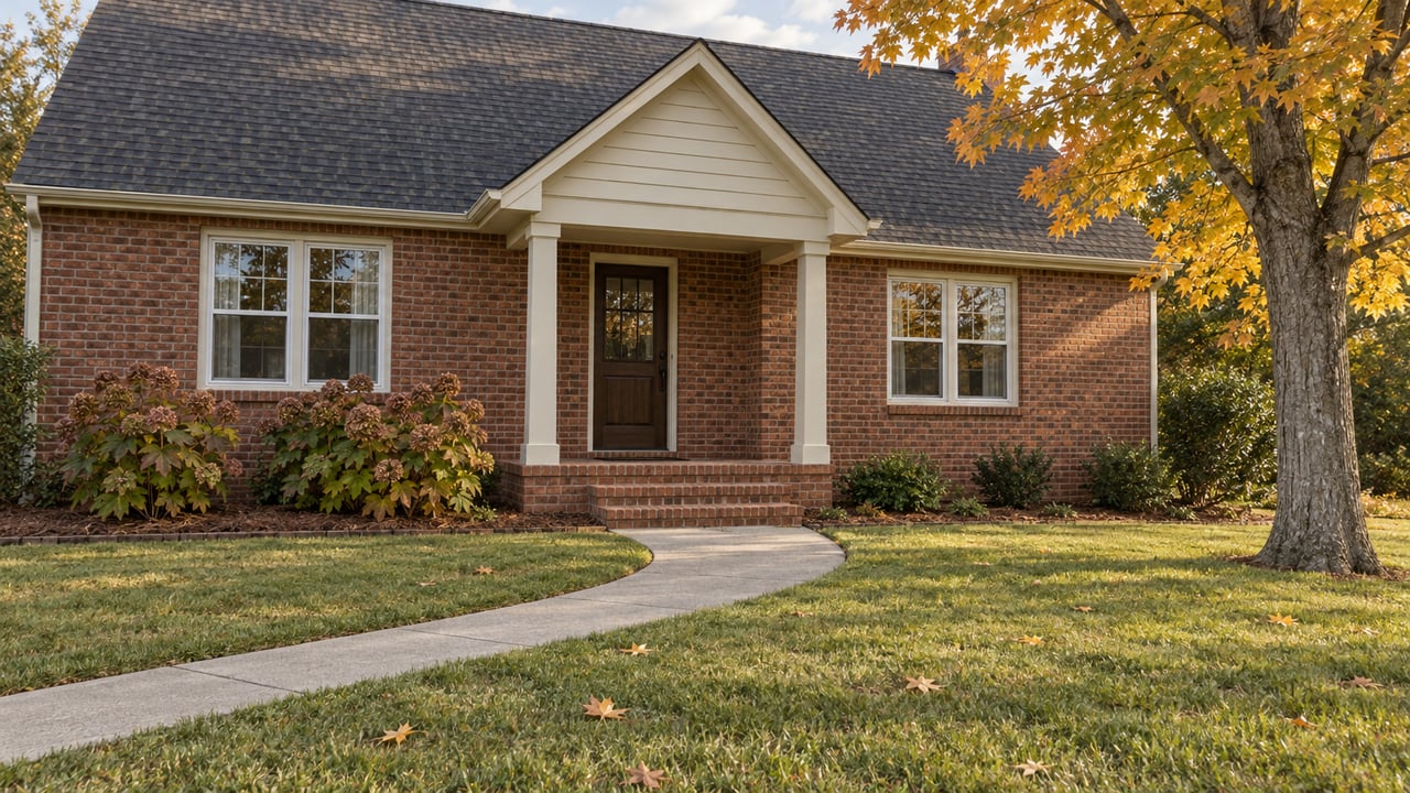 A brick cottage with a covered porch, deep front lawn, curved concrete walk, and a maple tree turning yellow and orange.