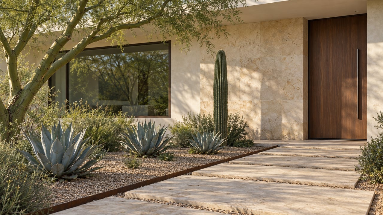 Desert home with a bronze-framed window, walnut door, limestone stepping slabs, and cactus planting.
