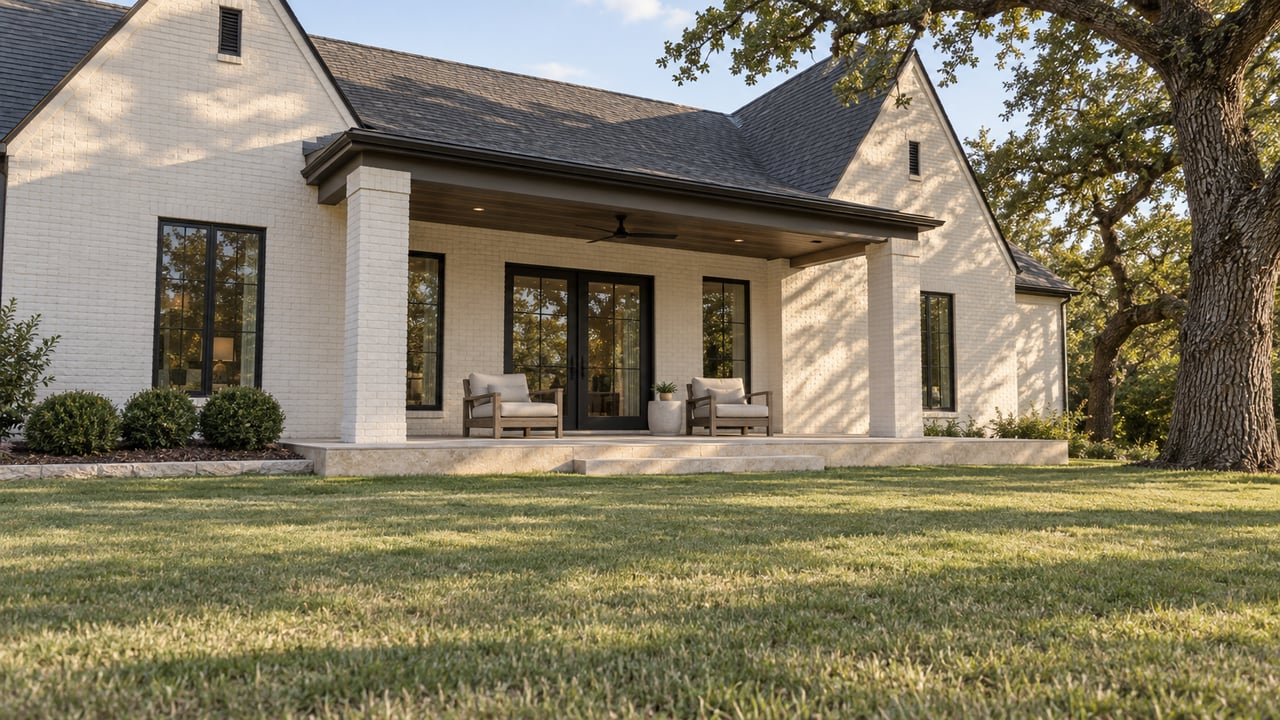 A light-painted brick home with steep charcoal roofs, a covered limestone terrace, teak chairs, and a broad lawn beneath a mature oak.