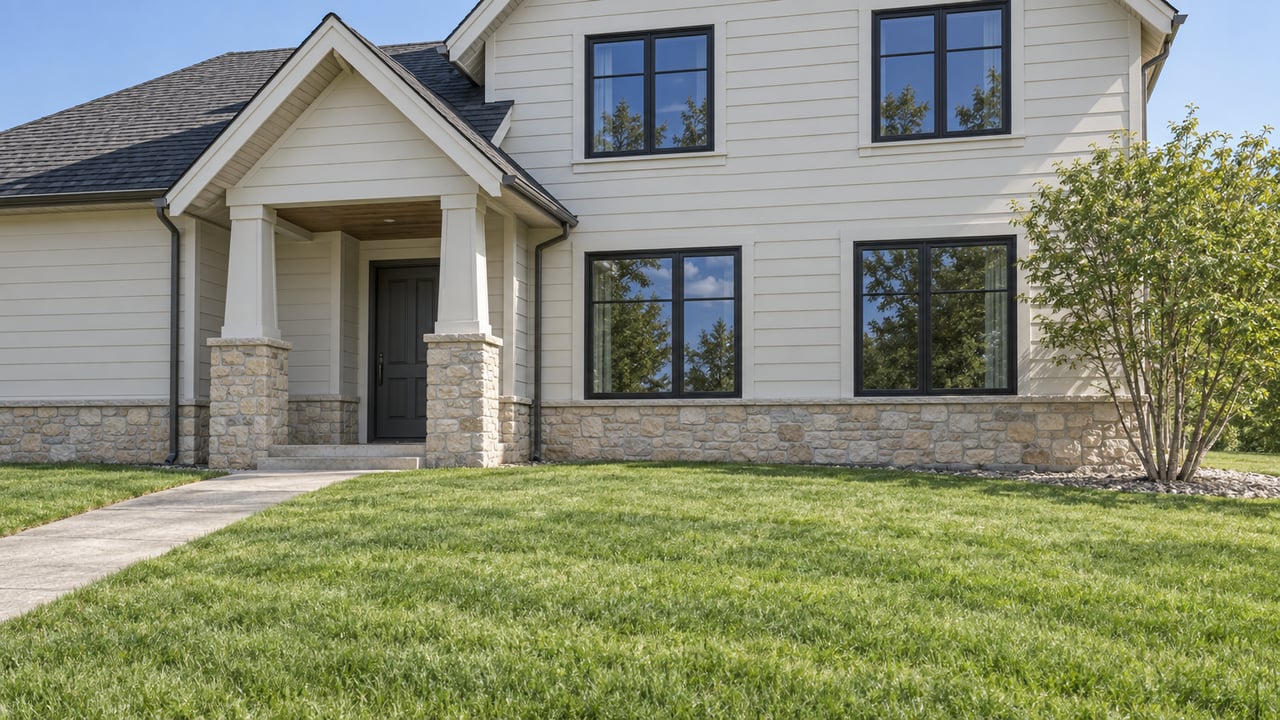 Two-story off-white house with a gabled porch, black-framed windows, and a long lawn crossed by a concrete walk.