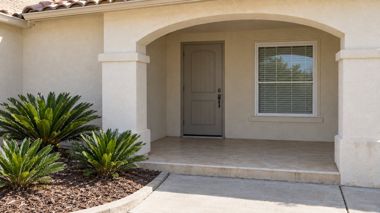 Cream stucco home with a recessed arched entrance, tiled porch step, and three coontie plants beside a concrete approach.