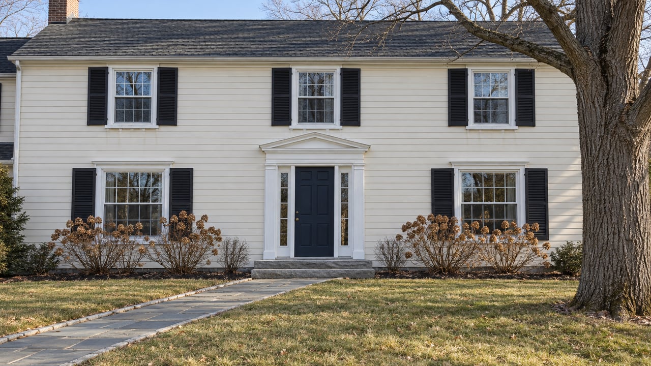 Cream clapboard home with black shutters, a navy front door, and a deep winter-dulled lawn in clear daylight.