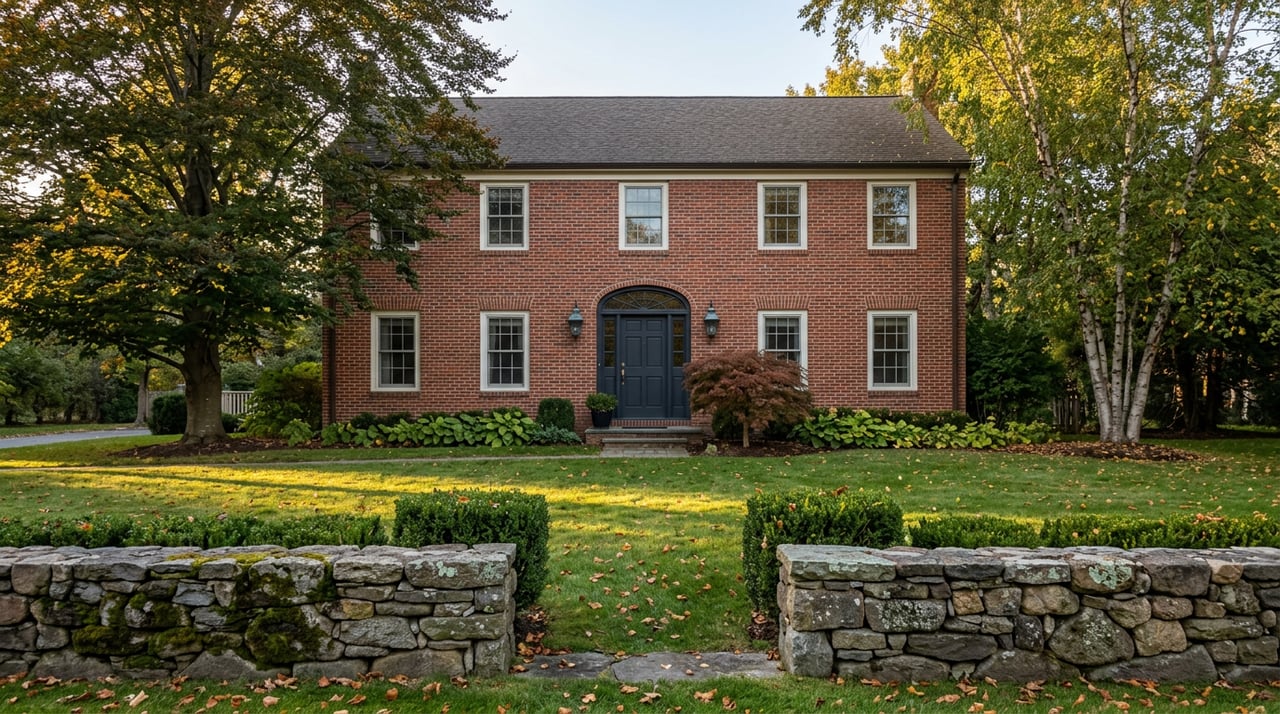 Brick house beyond a broad lawn, with a fieldstone wall opening and mature autumn trees.