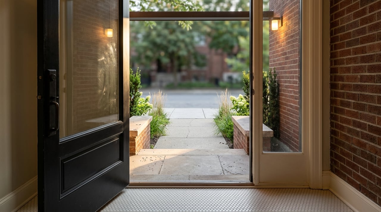 Black glass-paneled door opens onto a brick stoop, concrete walk, sidewalk, and leafy tree canopy.