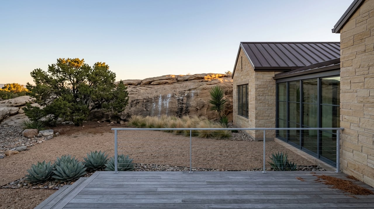 Desert home combining a stone-clad wing and glass extension, overlooking a gravel yard with a piñon and sandstone outcrop.