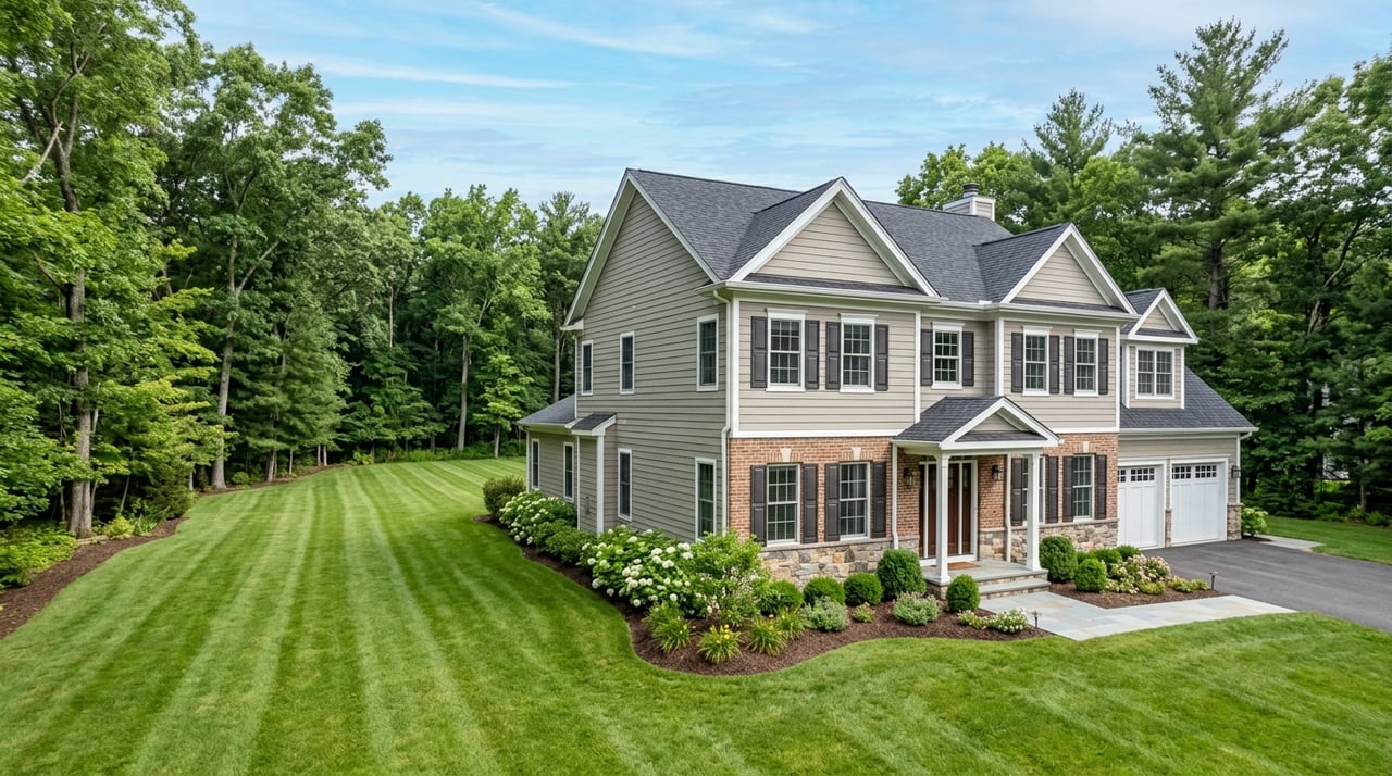 A greige-sided house borders a broad mowed lawn, with foundation shrubs, a curving concrete walk, and a distant tree line.