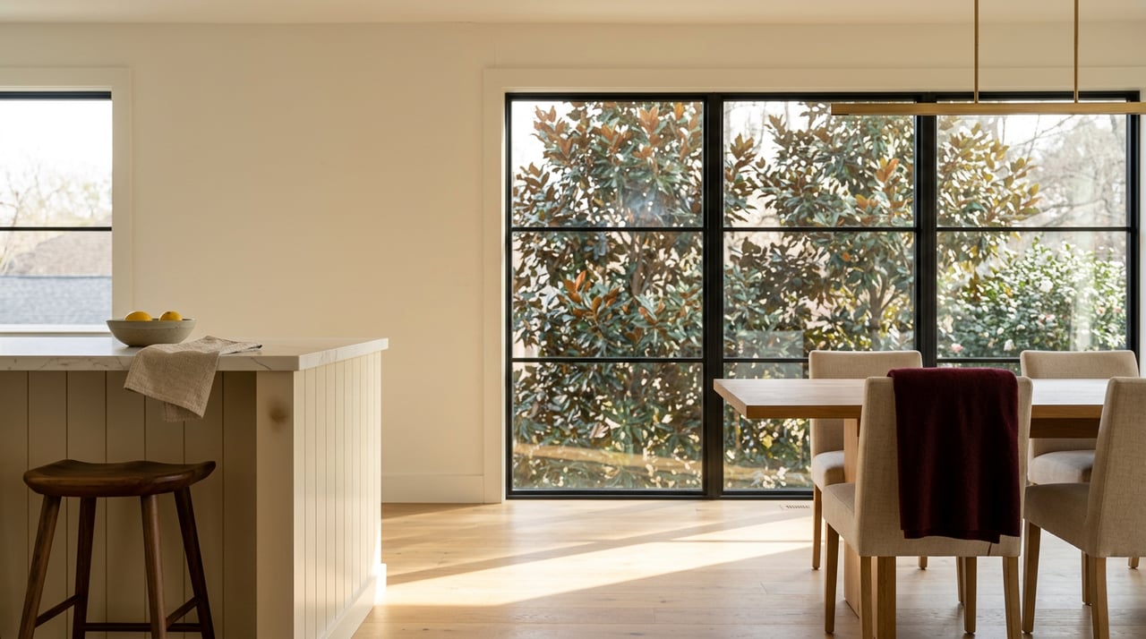 Open-plan kitchen and dining area with a shiplap island, oak table, burgundy throw, and magnolia trees beyond gridded windows.