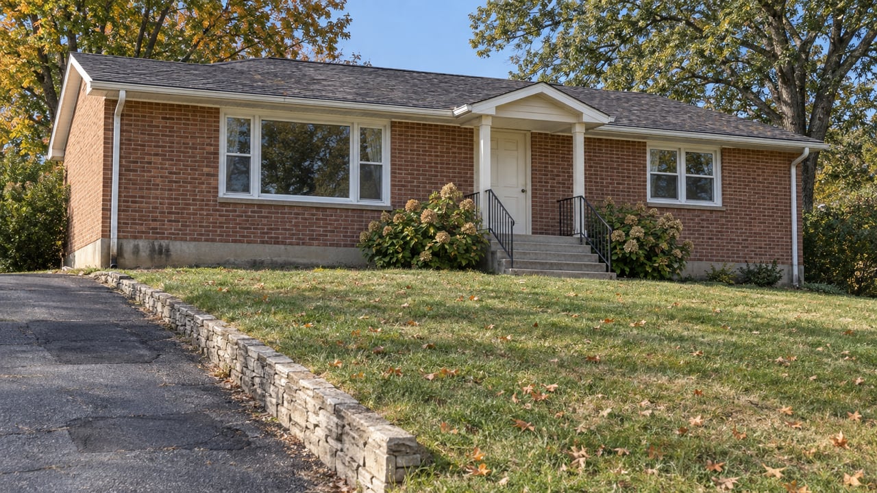Brick ranch above a sloping lawn, with concrete entry steps, a limestone retaining wall, and mature trees beginning to turn in autumn.
