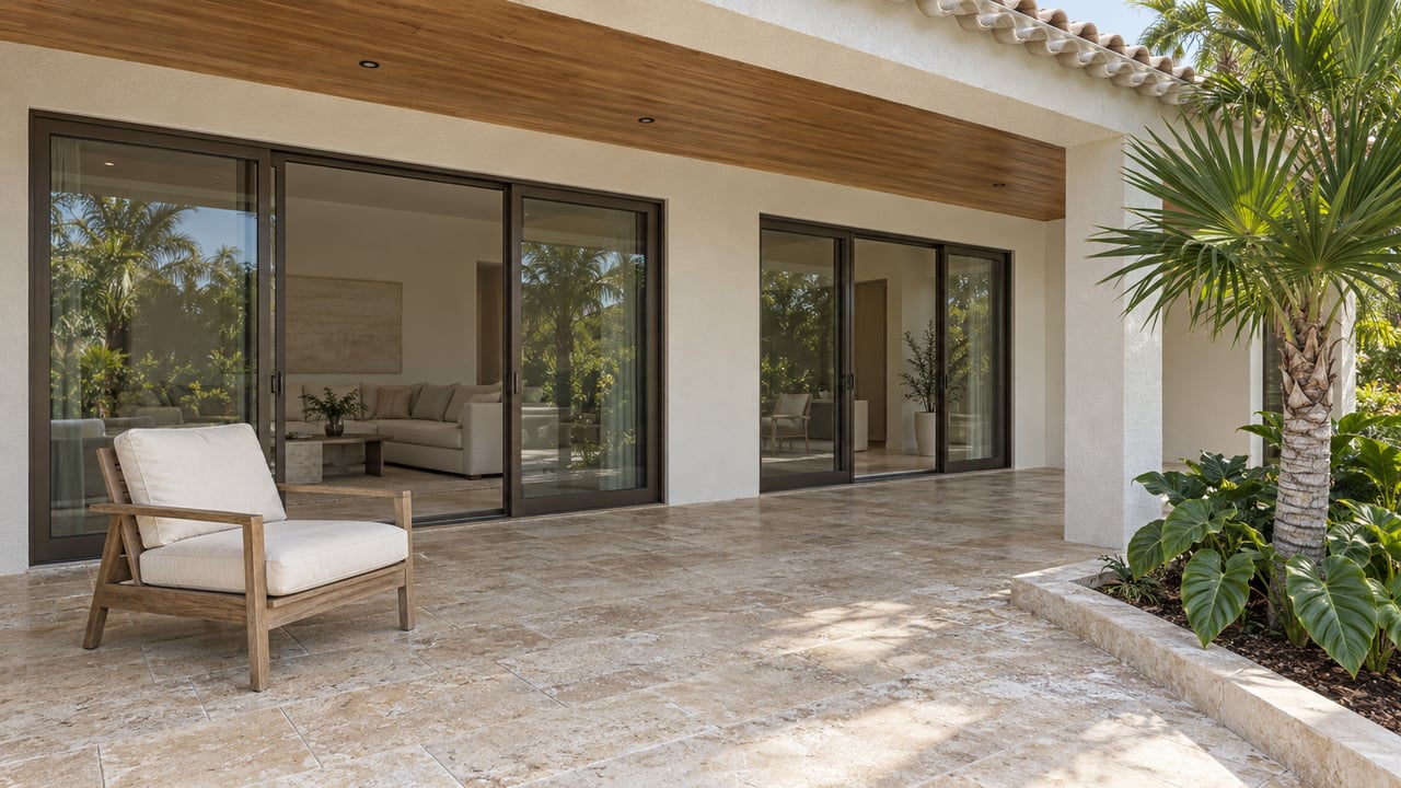 White stucco home with timber-lined covered terrace, closed bronze-framed glass doors, shell-stone paving and a silvered teak chair beside a planted bed.