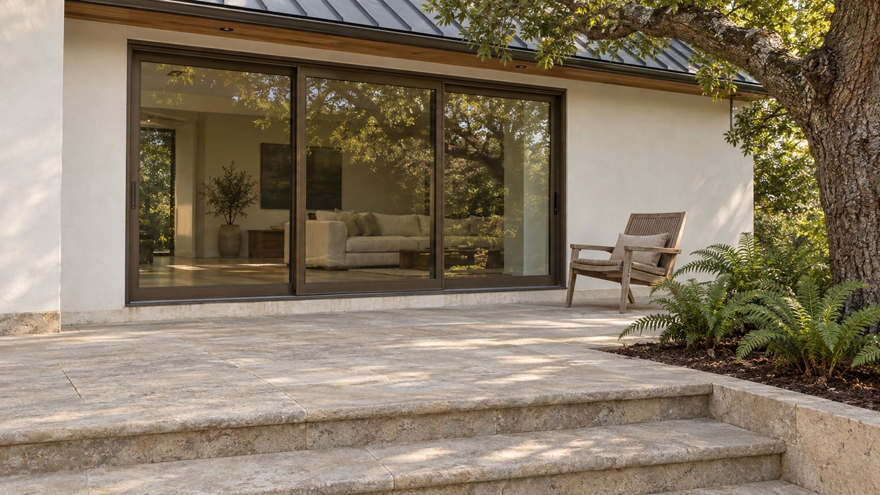 Warm-white stucco home with bronze-framed glass doors, limestone terrace steps, a teak chair, and a mature oak beside a planted bed.