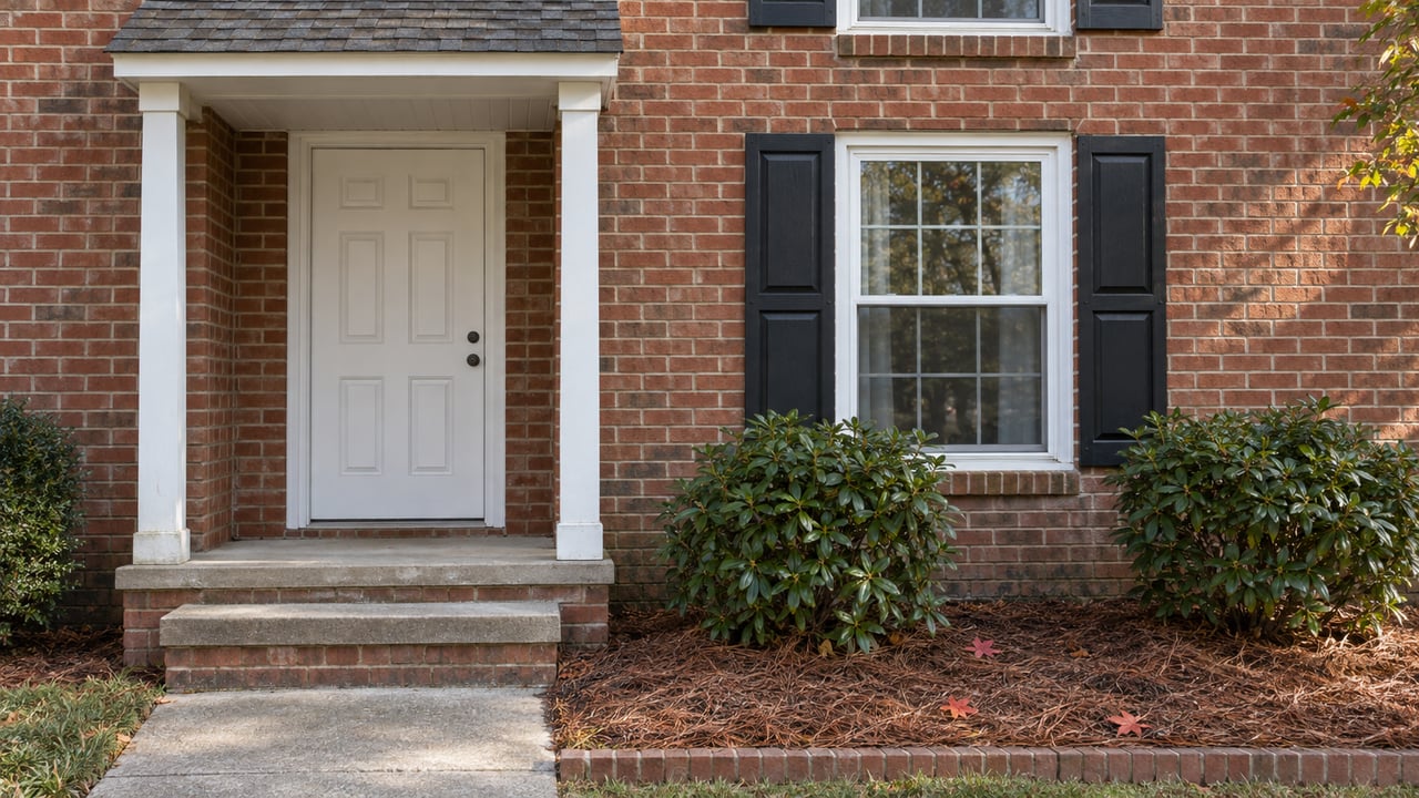Red brick attached-home entrance with white trim, black shutters, concrete steps and two azaleas in a pine-straw bed.