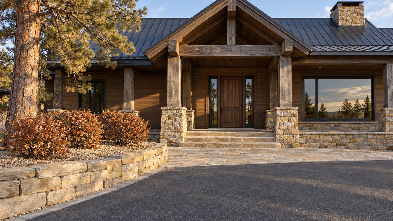 Timber-and-stone home with a deep covered porch, sandstone entry steps and a gently rising asphalt approach beside a mature pine.