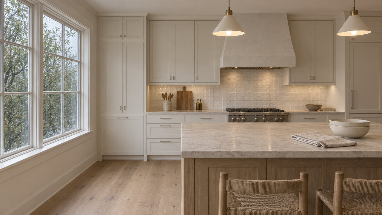 Warm-white cottage kitchen with oak island, two pendant lights, and a rain-speckled window.