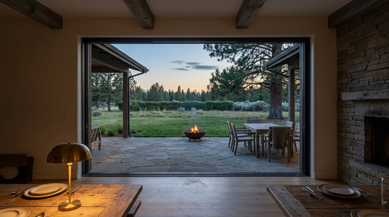 A brass table lamp lights dining place settings beside an open glass wall overlooking a fire bowl and dusk-lit lawn.