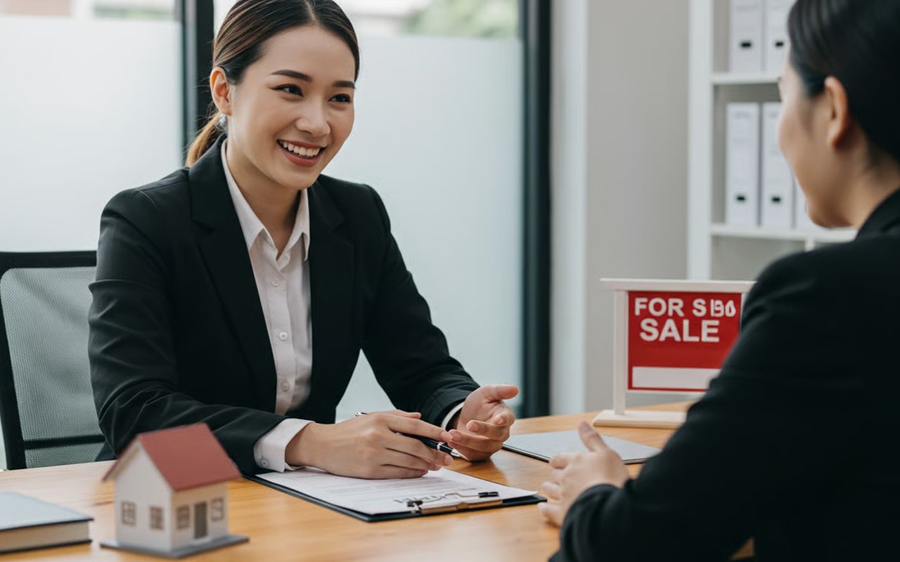 Real estate agent discusses paperwork with a client beside a model house and FOR SALE sign.