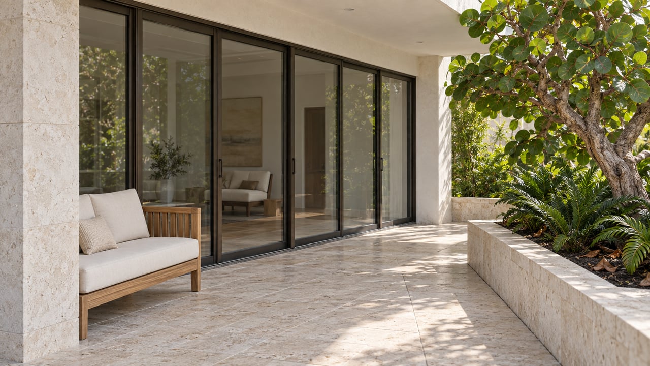 Covered limestone terrace with bronze-framed sliding glass, a teak bench, and a broad-leaved tree in a raised planter.
