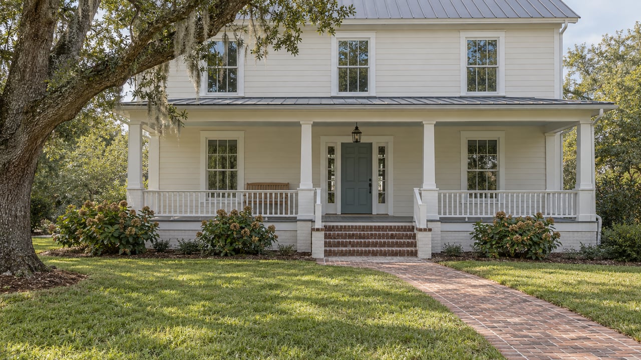 Cream-sided two-story home with a broad covered porch, brick approach and deep lawn beside a mature live oak.