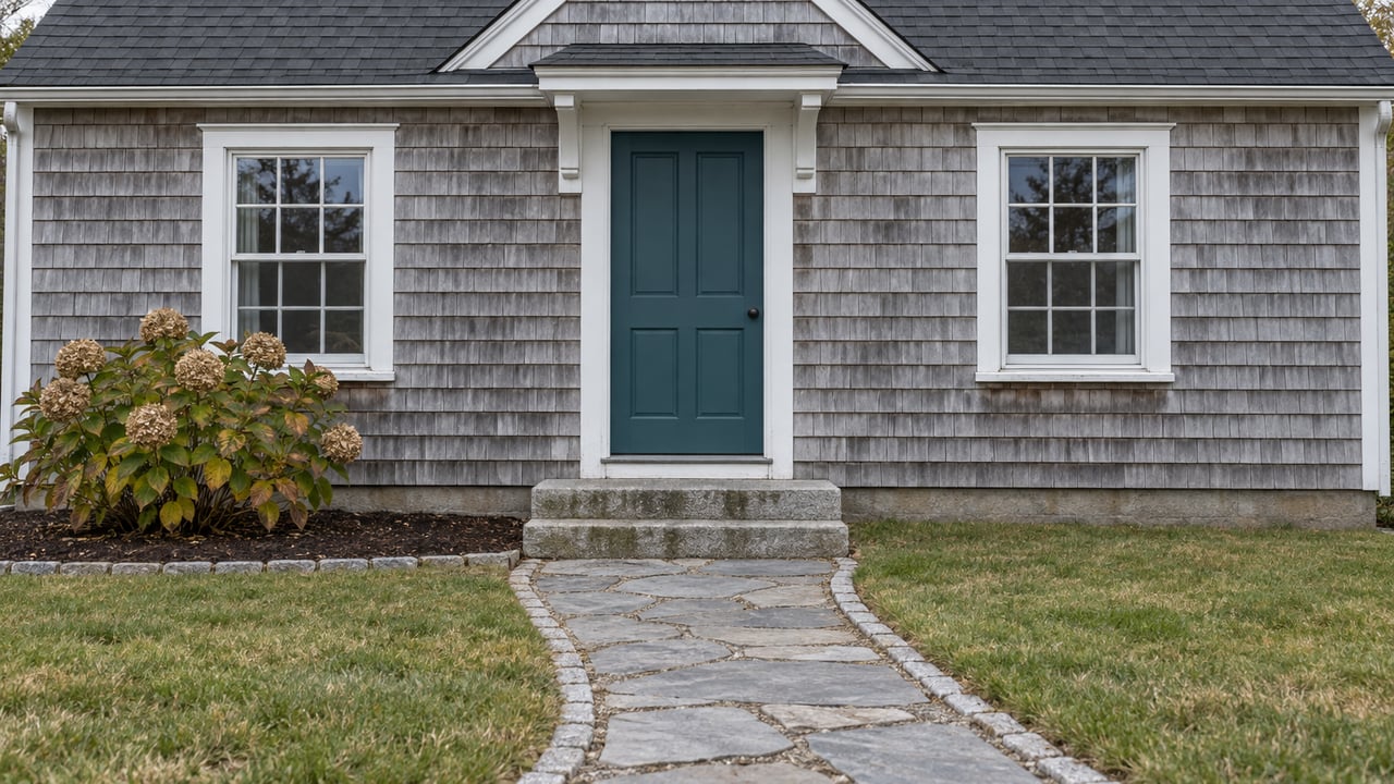 Weathered gray shingle cottage with a teal front door, white-trimmed windows, granite steps and an autumn hydrangea beside a stone walk.