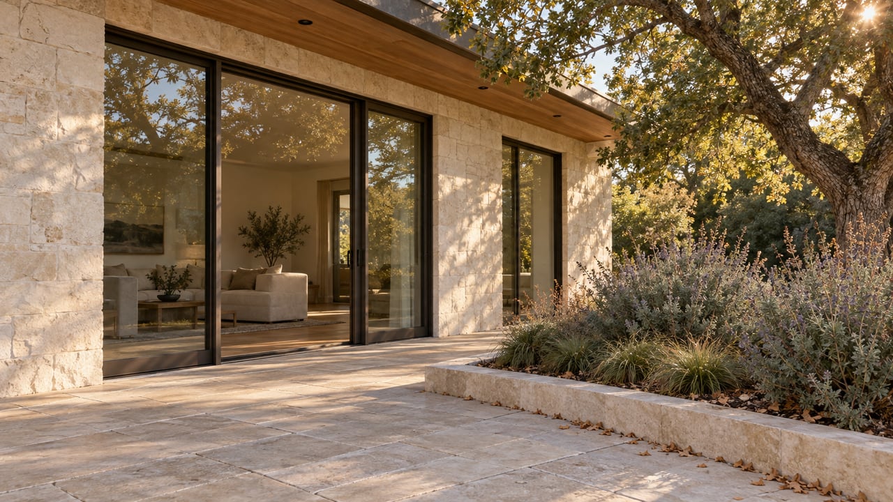 Limestone-clad residence with bronze-framed glass doors, a broad stone terrace, and oak-shaded sage planting.