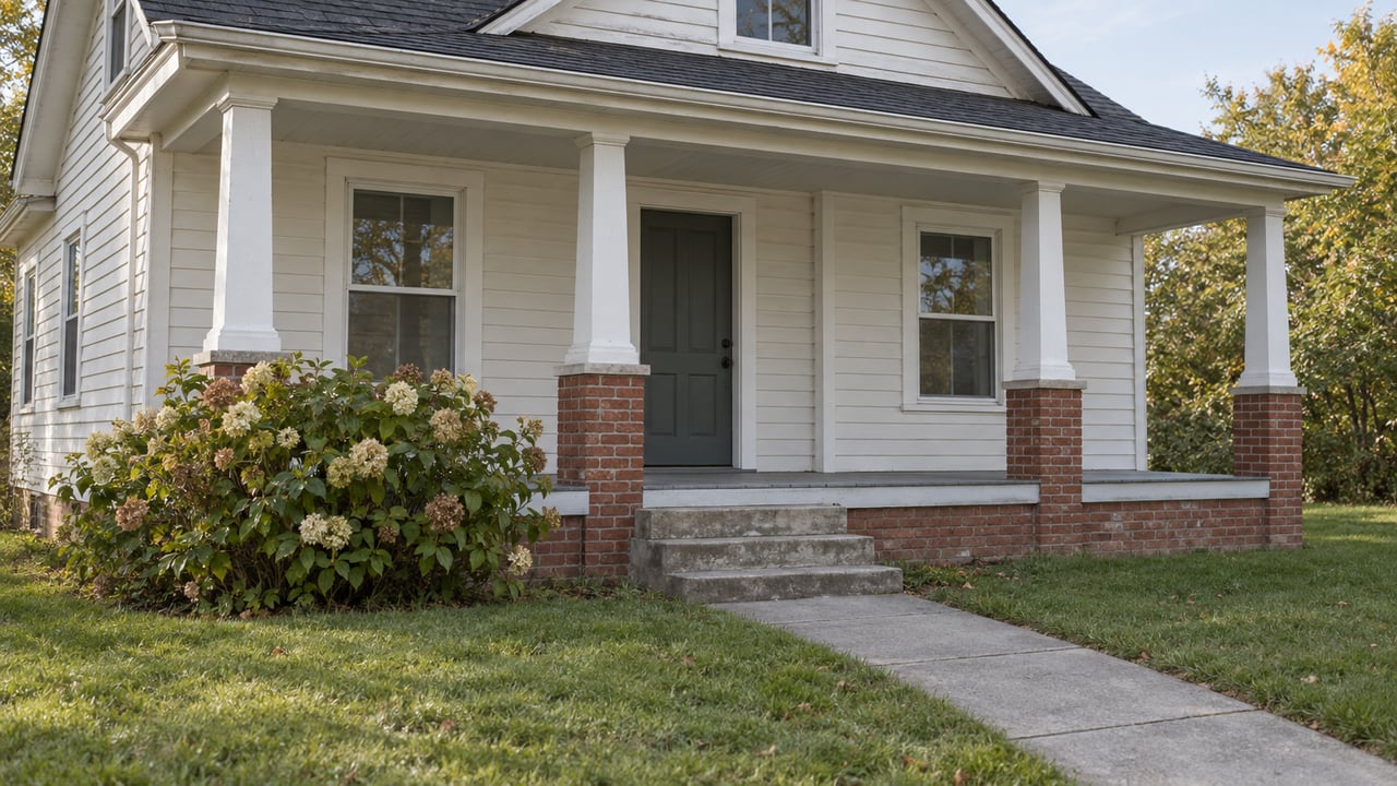 Older white clapboard house with a recessed front door, brick porch foundation, and curved walk through the lawn.