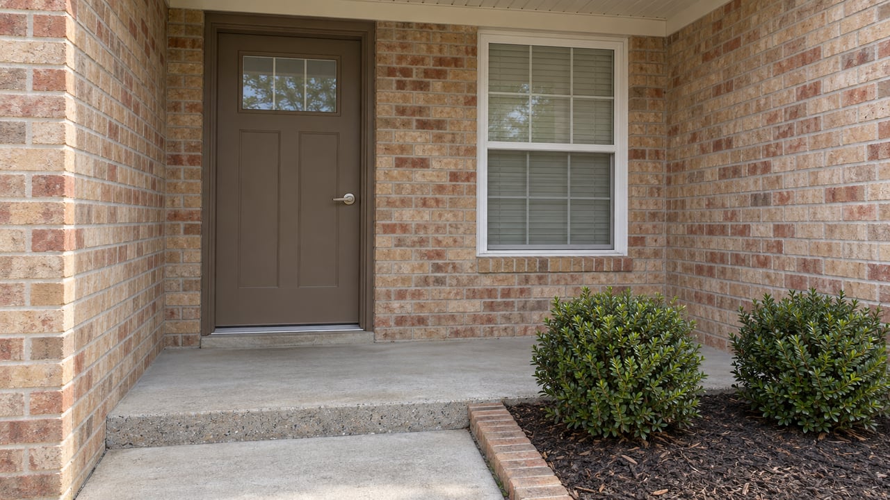 Buff brick home entrance with a brown door, white gridded window, concrete step and two compact inkberry shrubs.